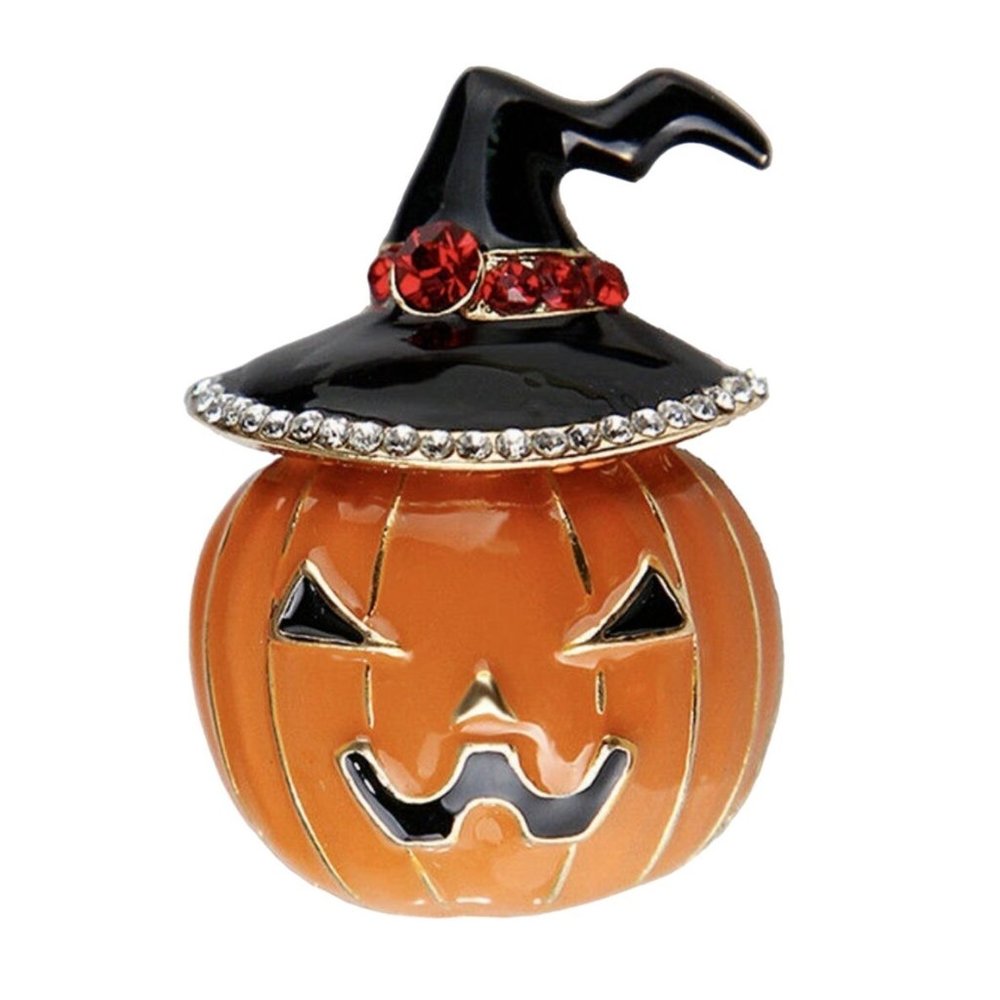 Halloween Brooch Pin Enamel Jack o Lantern Black Orange Rhinestones Witches' Hat
